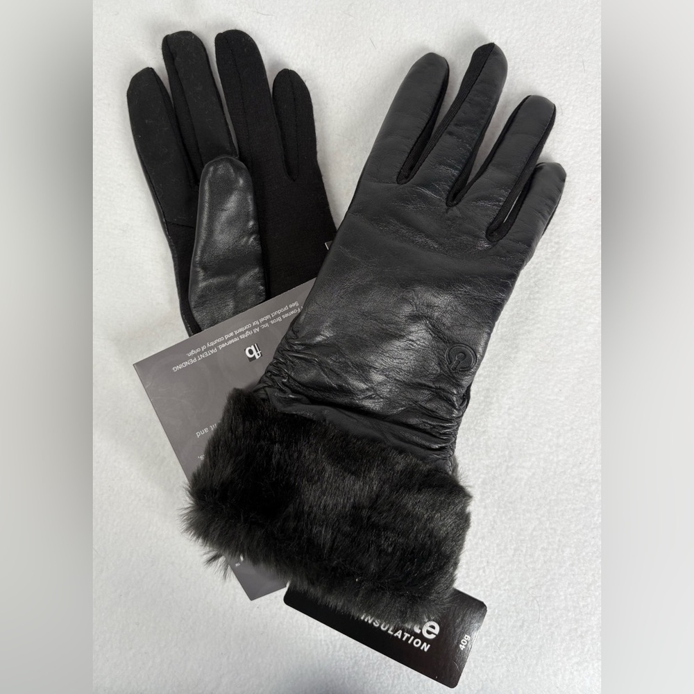 Touchpoint Elegant Black Leather Gloves with Faux Fur Trim NWT